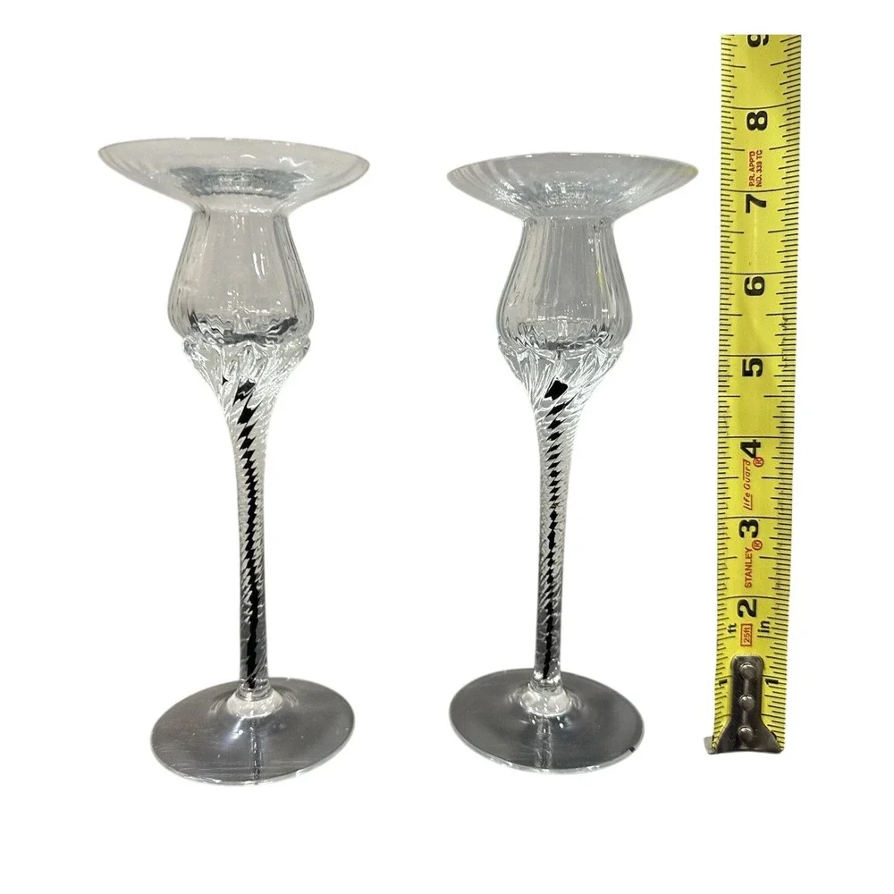 Pair‎ Vintage Handblown Crystalox Belfor Bohemia Candlesticks Black Ribbon Stem